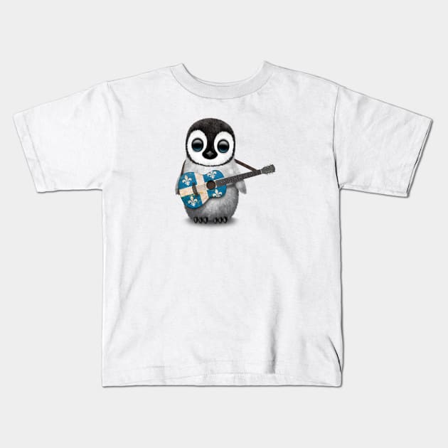 Baby Penguin Playing Quebec Flag Guitar Kids T-Shirt by jeffbartels